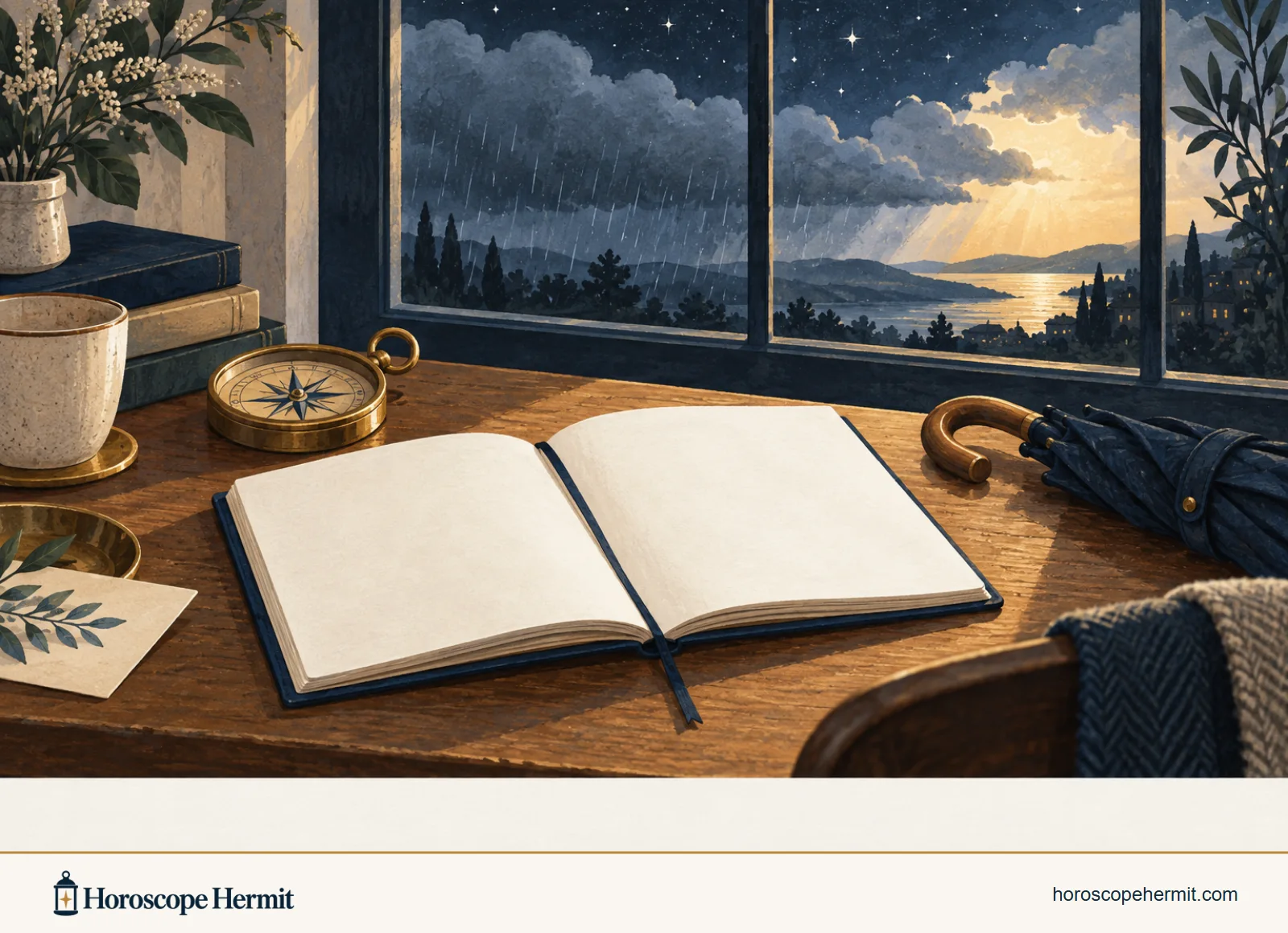 An open journal and compass beside a rainy window, with light appearing beyond the clouds
