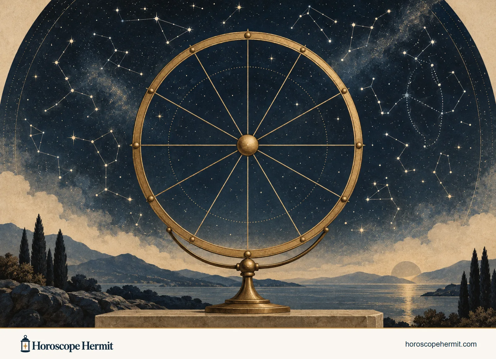An antique brass sky ring in front of a varied field of constellations
